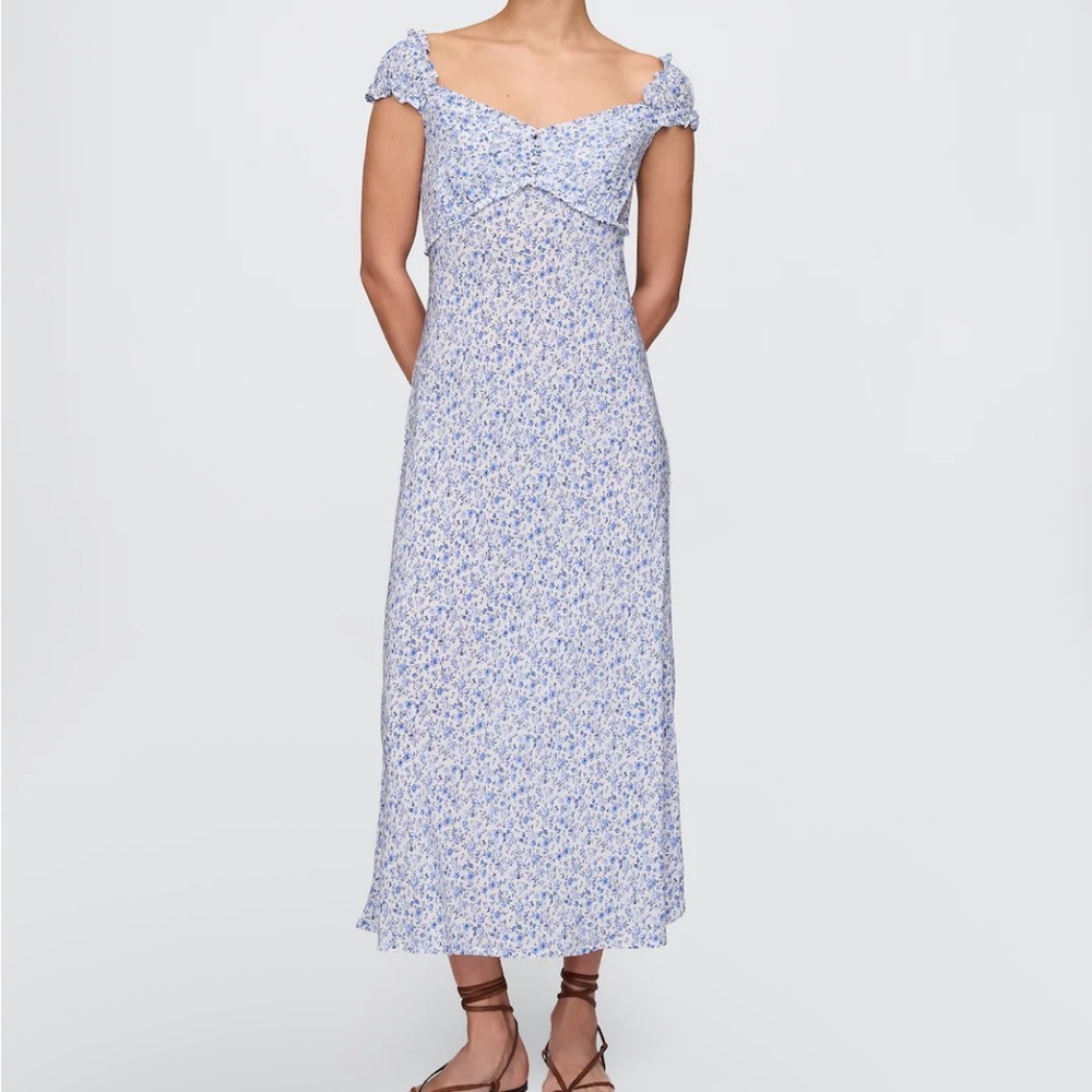 Gap floral dress crepe sweatheart floral ruffle puff sleeve midi maxi dress